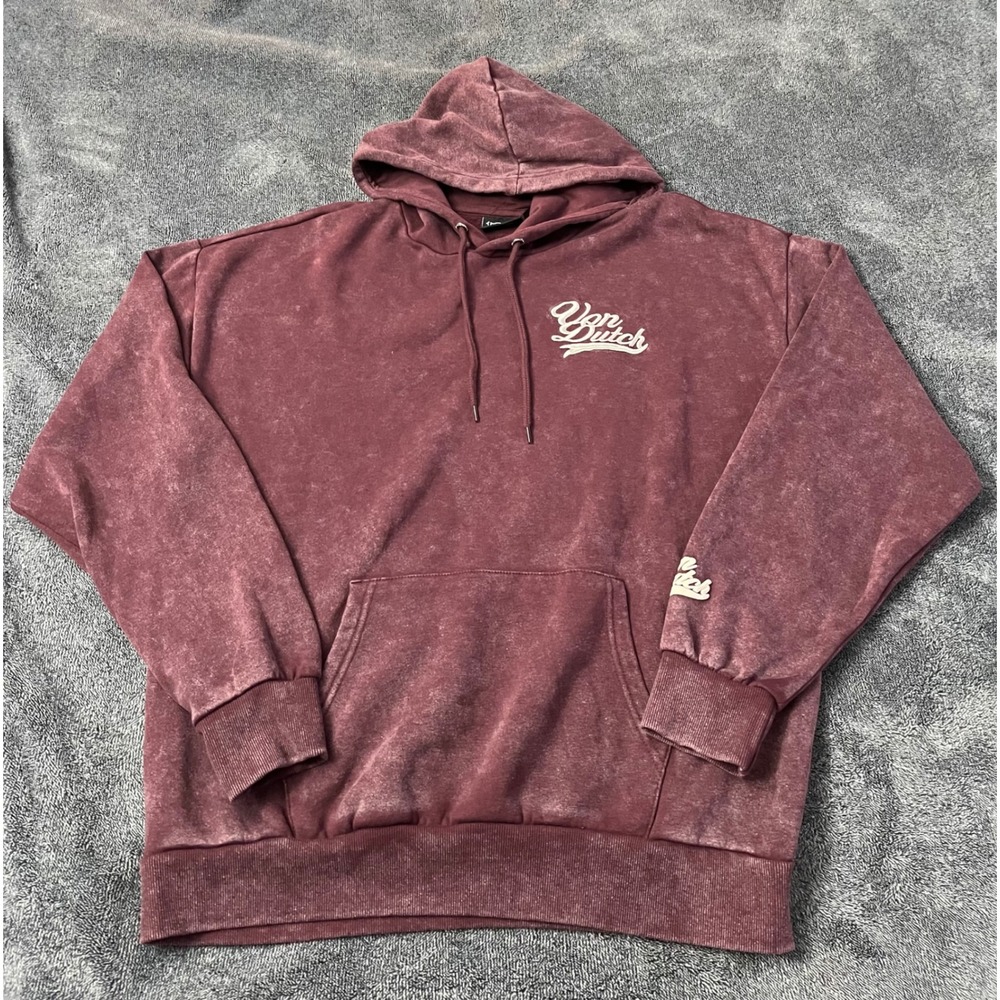 Y2K Von Dutch Mens Acid Wash Burgundy Hoodie Embroidered Logo Size M